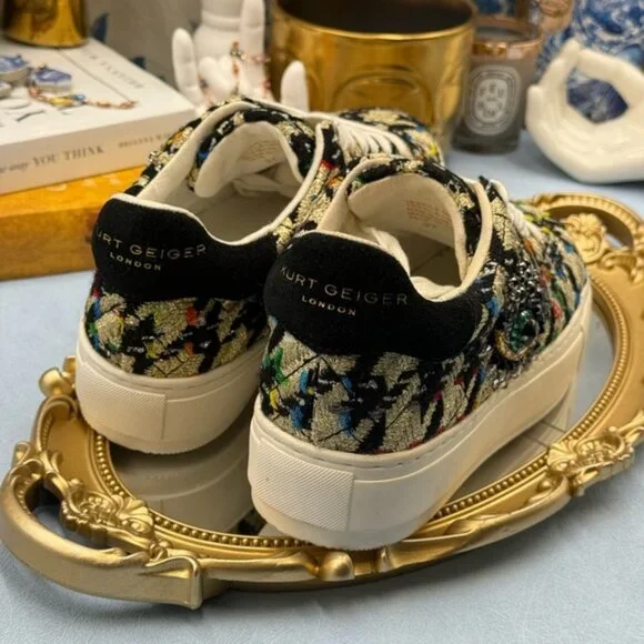 🆕 KURT GEIGER LONDON 🧿 NWOB Laney Eye Gold Rainbow Tweed Sneaker, Sz 37 US 7 - Picture 12 of 14